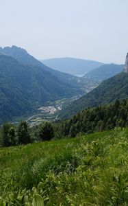 Preview wallpaper mountains, valley, grass, slopes, trees