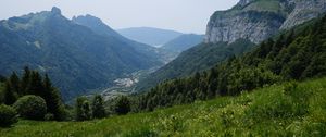 Preview wallpaper mountains, valley, grass, slopes, trees