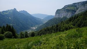 Preview wallpaper mountains, valley, grass, slopes, trees