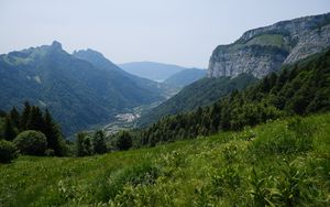 Preview wallpaper mountains, valley, grass, slopes, trees