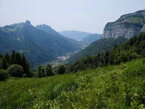 Preview wallpaper mountains, valley, grass, slopes, trees