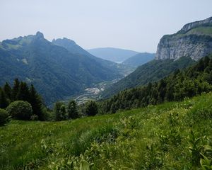 Preview wallpaper mountains, valley, grass, slopes, trees