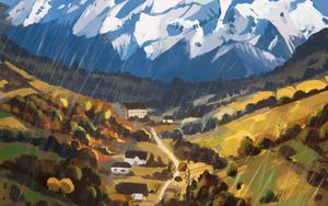 Preview wallpaper mountains, valley, houses, landscape, art
