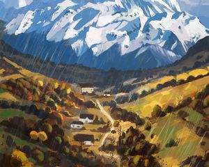 Preview wallpaper mountains, valley, houses, landscape, art