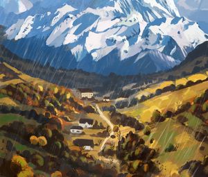 Preview wallpaper mountains, valley, houses, landscape, art