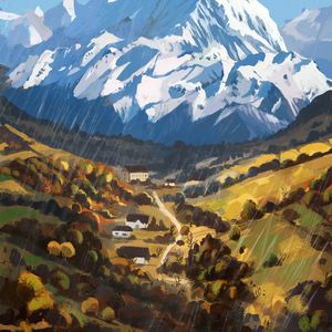 Preview wallpaper mountains, valley, houses, landscape, art
