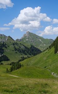 Preview wallpaper mountains, valley, landscape, grass, trees