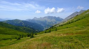 Preview wallpaper mountains, valley, lawn, grass, trees, landscape