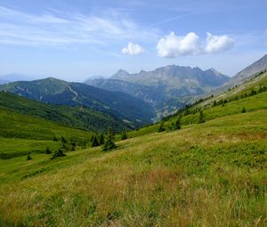 Preview wallpaper mountains, valley, lawn, grass, trees, landscape