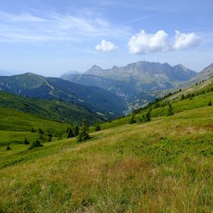 Preview wallpaper mountains, valley, lawn, grass, trees, landscape