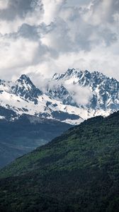 Preview wallpaper mountains, valley, peaks, snowy, trees, sky