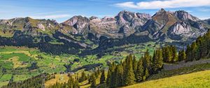 Preview wallpaper mountains, valley, relief, trees, grass, nature