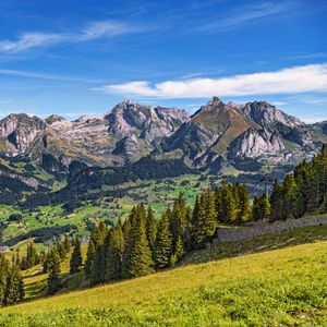 Preview wallpaper mountains, valley, relief, trees, grass, nature