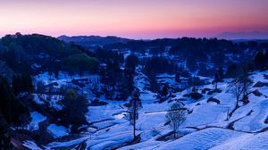 Preview wallpaper mountains, valley, river, snow, night