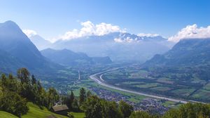 Preview wallpaper mountains, valley, river, fog, landscape