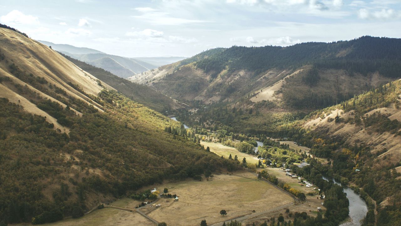 Wallpaper mountains, valley, river, road, trees
