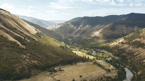 Preview wallpaper mountains, valley, river, road, trees