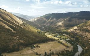 Preview wallpaper mountains, valley, river, road, trees