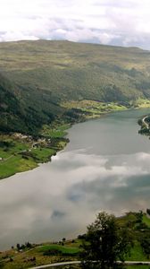 Preview wallpaper mountains, valley, roads, lake, home, green