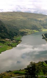 Preview wallpaper mountains, valley, roads, lake, home, green