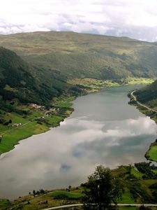 Preview wallpaper mountains, valley, roads, lake, home, green