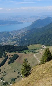 Preview wallpaper mountains, valley, slope, trees, lake