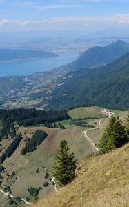 Preview wallpaper mountains, valley, slope, trees, lake