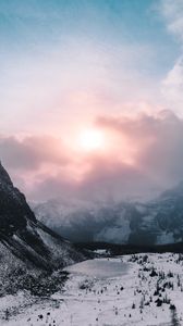 Preview wallpaper mountains, valley, snow, clouds, snowy, landscape