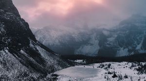 Preview wallpaper mountains, valley, snow, clouds, snowy, landscape