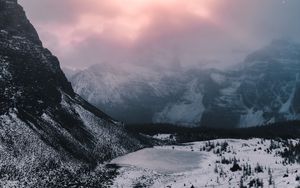 Preview wallpaper mountains, valley, snow, clouds, snowy, landscape