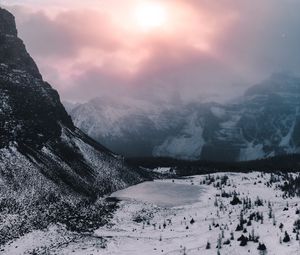 Preview wallpaper mountains, valley, snow, clouds, snowy, landscape