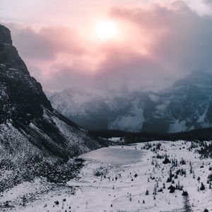 Preview wallpaper mountains, valley, snow, clouds, snowy, landscape