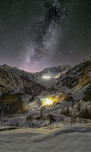 Preview wallpaper mountains, valley, snow, night, starry sky