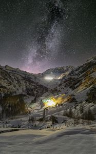 Preview wallpaper mountains, valley, snow, night, starry sky