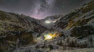 Preview wallpaper mountains, valley, snow, night, starry sky