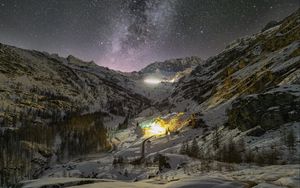 Preview wallpaper mountains, valley, snow, night, starry sky