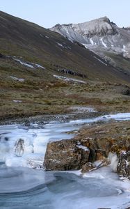 Preview wallpaper mountains, valley, stream, ice, landscape