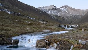 Preview wallpaper mountains, valley, stream, ice, landscape