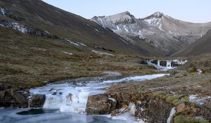 Preview wallpaper mountains, valley, stream, ice, landscape