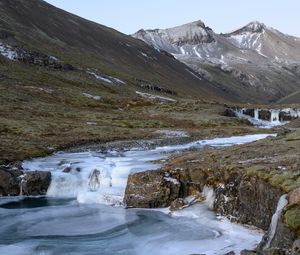 Preview wallpaper mountains, valley, stream, ice, landscape