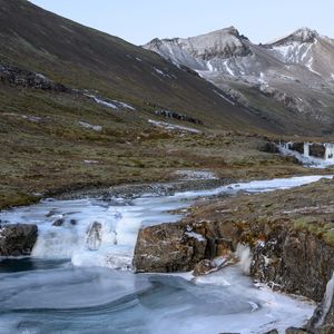 Preview wallpaper mountains, valley, stream, ice, landscape