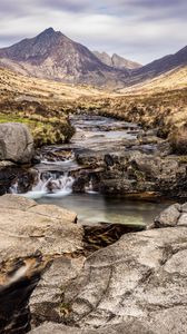 Preview wallpaper mountains, valley, stream, stones, water, landscape