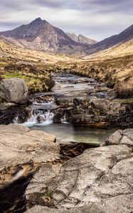 Preview wallpaper mountains, valley, stream, stones, water, landscape
