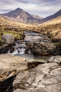 Preview wallpaper mountains, valley, stream, stones, water, landscape