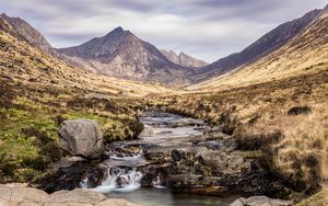 Preview wallpaper mountains, valley, stream, stones, water, landscape