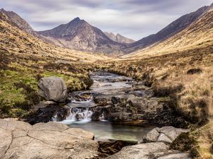 Preview wallpaper mountains, valley, stream, stones, water, landscape