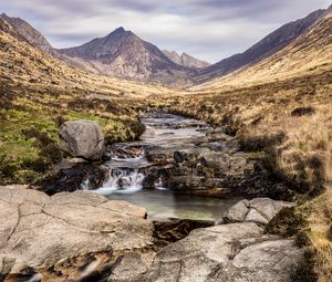 Preview wallpaper mountains, valley, stream, stones, water, landscape