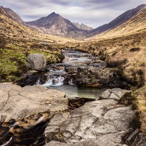 Preview wallpaper mountains, valley, stream, stones, water, landscape