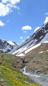 Preview wallpaper mountains, valley, stream, snow, spring