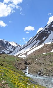 Preview wallpaper mountains, valley, stream, snow, spring